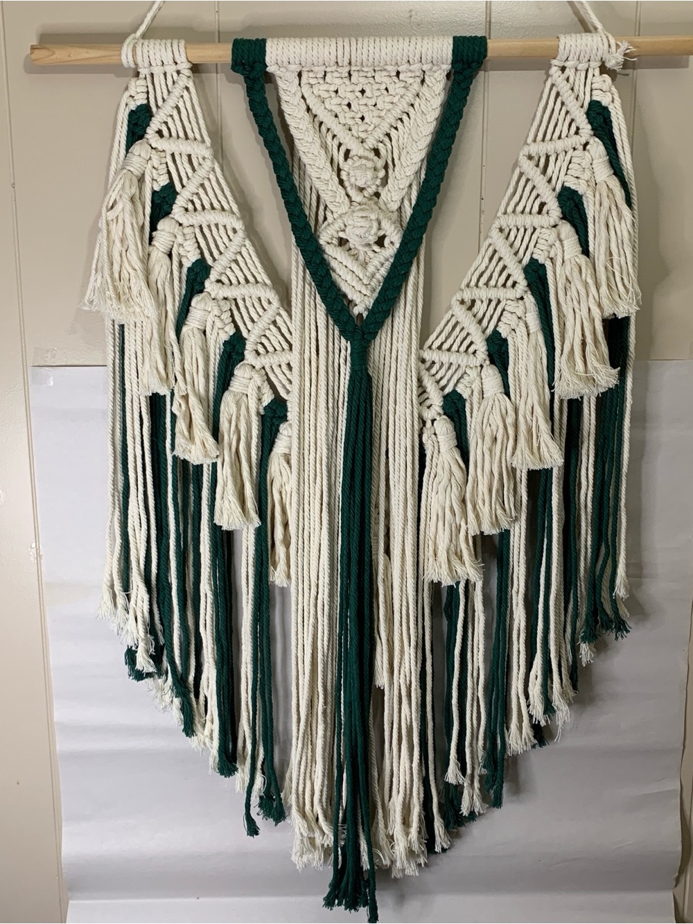 Large Handmade Macrame Wall Hanging in Cream and Dark Green